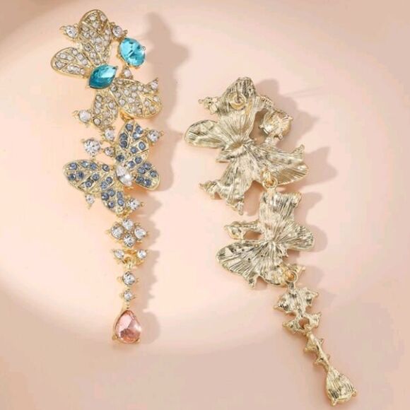 Butterfly Gold Iridescent Crystal Rhinestone Drop Earrings - Picture 2 of 4